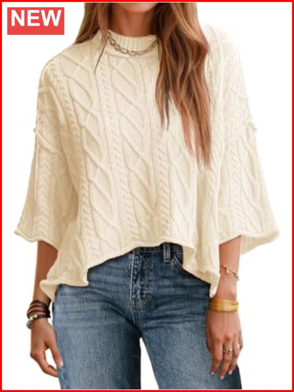 Womens Cable Knit Cropped Sweater Oversize 3/4 Sleeve Pullover